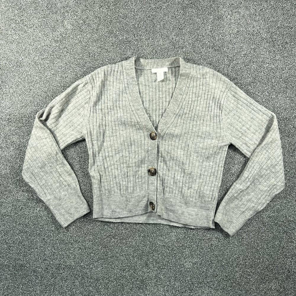 H&M Womens S Gray Ribbed Knit Cardigan Sweater Button Front Cropped Wool Blend